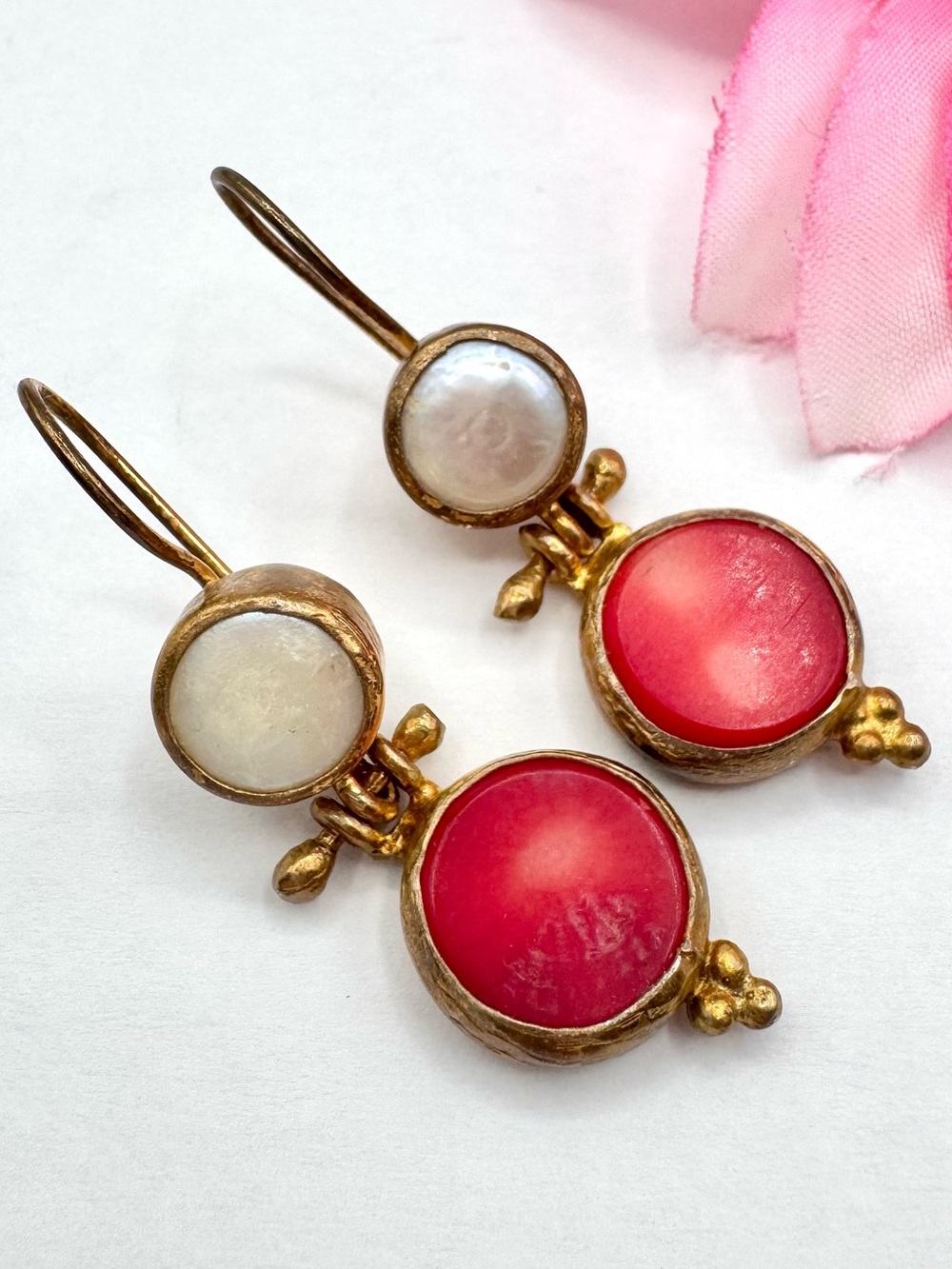 Red Coral And Pearl Vermeil Turkish Style Dangle Earrings Festival Boho Silver